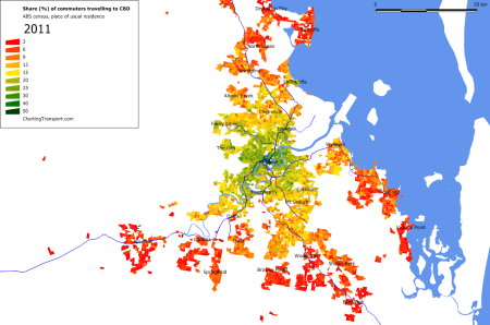 Bris 2011 SA1 share of commuters to CBD